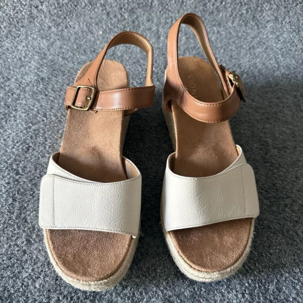 Vionic Sable Brown White Leather Espadrille Wedge Sandals Womens 9 Boho Comfort